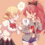  ! !! 2girls black_bow black_skirt blonde_hair blue_shorts bow bowtie clenched_teeth denim denim_shorts drill_hair food green_jacket hair_bow jacket long_hair long_sleeves looking_at_another mahou_shoujo_madoka_magica mitakihara_school_uniform mouth_hold multiple_girls navel orange_background plaid plaid_skirt pocky ponytail red_eyes red_hair red_neckwear renji_(orange_ize) sakura_kyouko school_uniform short_hair shorts simple_background skirt spoken_exclamation_mark spoken_x teeth tomoe_mami twin_drills yellow_eyes 