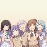  5girls aqua_hair ayasaka bang_dream! black_hair brown_hair grey_hair hanasakigawa_school_uniform hands_on_another&#039;s_shoulders haneoka_school_uniform hikawa_sayo imai_lisa long_hair minato_yukina multiple_girls necktie personality_switch ponytail purple_hair roselia_(bang_dream!) school_uniform shirokane_rinko twintails udagawa_ako 