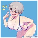  1girl bare_shoulders bikini blue_background blue_eyes blush bracelet breasts cleavage ears english_commentary fang jewelry kajin_(kajinman) large_breasts looking_at_viewer open_mouth patreon_username short_hair silver_hair smile sparkle swimsuit thick_thighs thighs uzaki-chan_wa_asobitai! uzaki_hana white_bikini 