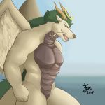  1:1 2014 anthro asian_mythology biceps bin_(artist) colored dragon draxial east_asian_mythology eastern_dragon feathered_wings feathers fur furred_dragon grin hair halo horn looking_at_viewer male mane mane_hair muscular muscular_male mythology nude pecs scales smile solo whiskers wings 