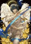  angel angel_wings black_hair blue_eyes bob_cut bruno_buccellati cao_hong_anh feathered_wings feathers flower gold hair_ornament hairclip halo highres jojo_no_kimyou_na_bouken rose vento_aureo white_wings wings 