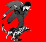  1boy akai_shuuichi bad_id bad_pixiv_id beanie black_footwear black_hair black_headwear breath collared_shirt dog fbi full_body gun hat holding holding_gun holding_weapon jacket k-9 leg_up male_focus meitantei_conan monochrome mrc-k open_clothes open_jacket pants parted_lips red_background red_theme running shirt shoes simple_background solo twitter_username weapon 