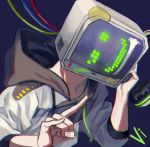  1boy blue_background copyright_request fingernails hand_gesture headphones highres holding holding_headphones hood hood_down male_focus shousan_(hno3syo) simple_background sleeves_rolled_up smile solo star_(symbol) television upper_body virtual_youtuber 