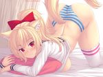  1girl animal_ear_fluff animal_ears ass bangs blonde_hair blush bow breasts cat_ears cat_tail commentary dimples_of_venus english_commentary eyebrows_visible_through_hair hair_bow highres large_breasts long_hair looking_at_viewer nottytiffy original panties parted_lips pillow pillow_hug ponytail red_eyes shirt_lift slit_pupils smile solo striped striped_panties tail thighhighs tiffy_(nottytiffy) top-down_bottom-up underwear watermark web_address 