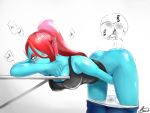  2019 4:3 bent_over big_breasts blue_body blush bodily_fluids bottomwear breasts clauschristmas2 clothed clothing deltarune ear_fins eyeshadow female fin fingering fish hair humanoid jeans makeup marine masturbation monster motion_lines nipple_outline panties pants pants_down partially_clothed ponytail red_eyeshadow red_hair shaking shirt simple_background solo sweat tank_top topwear undertale underwear undyne vaginal vaginal_masturbation video_games yellow_eyes 