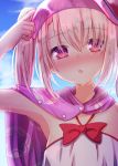  1girl arm_up armpits bangs baram blonde_hair blush bow cape commentary_request day eyebrows_visible_through_hair fate/grand_order fate_(series) hair_between_eyes halterneck highres illyasviel_von_einzbern illyasviel_von_einzbern_(swimsuit) long_hair looking_at_viewer outdoors parted_lips pink_cape pink_headwear red_bow red_eyes see-through solo swimsuit twintails upper_body visor_cap wet wet_hair white_swimsuit 
