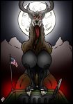  american_mythology antlers aureola big_breasts black_body black_skin breasts brown_body brown_fur colored eye_socket female full_moon fur glowing glowing_eyes gun hi_res horn horror_(theme) indigenous_north_american_mythology light_truck long_neck long_tongue looking_at_viewer moon mountain mythology north_american_mythology pickup_truck ranged_weapon red_eyes rifle shaded skianous skull_face solo stars_and_stripes tongue tongue_out truck_(vehicle) united_states_of_america us_flag vehicle weapon wendigo 