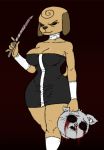  2020 anthro big_breasts black_clothing black_dress blood bodily_fluids boots breasts canid canine canis clothing collar death decapitation domestic_cat domestic_dog dress empty_eyes eyeshadow fan_character felid feline felis female footwear gore knife makeup mammal red_background severed_head shirtbusters simple_background solo tagme weapon wide_hips 