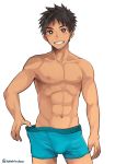  1boy abs artist_name bangs brown_eyes bulge chest commentary_request grin looking_at_viewer male_focus male_underwear muscle navel original pectorals short_hair simple_background smile solo teeth toned toned_male torakichi_(ebitendon) underwear underwear_pull upper_body very_short_hair white_background 