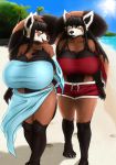  ailurid anthro beach black_hair blue_eyes clothed clothing daiyu_lin duo female female/female fluffy green_eyes gynomorph hair hi_res intersex intersex/female mammal public red_panda seaside sheepshorts songqing_lin 