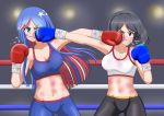  2girls alternate_costume bike_shorts black_eyes black_hair black_shorts blue_eyes blue_hair blue_shorts boxing boxing_gloves boxing_ring bruise commentary_request face_punch hiromon in_the_face injury kantai_collection kirishima_(kantai_collection) long_hair midriff multiple_girls no_eyewear one_eye_closed punching red_hair short_hair shorts south_dakota_(kantai_collection) sports_bra star_(symbol) white_hair 