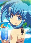  1girl :p bikini blue_eyes blue_hair blue_sky cherry closed_mouth cup cure_princess day drinking_glass drinking_straw food from_side fruit happinesscharge_precure! holding holding_cup looking_at_viewer looking_back outdoors precure shirayuki_hime sky smile solo sweat swimsuit tasaka_shinnosuke tongue tongue_out twintails white_bikini 