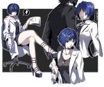  1boy 1girl amamiya_ren bangs black_dress black_hair black_jacket blue_hair collarbone dress eyebrows_visible_through_hair full_body high_heels highres holding jacket labcoat looking_at_viewer nail_polish nakano_maru parted_lips persona persona_5 red_eyes red_nails shiny shiny_hair short_dress short_hair shuujin_academy_uniform sitting sleeveless sleeveless_dress sweatdrop takemi_tae white_background 