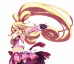  1girl :d aida_mana armpits big_hair black_gloves black_legwear black_neckwear blonde_hair bow cure_heart curly_hair detached_sleeves dokidoki!_precure fingerless_gloves gloves hair_bow long_hair looking_at_viewer necktie open_mouth outstretched_arms pink_skirt ponytail precure red_bow red_eyes simple_background skirt smile solo spread_arms tasaka_shinnosuke thighhighs upper_teeth very_long_hair vest white_background 