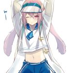  1boy animal_ears ansel_(arknights) arknights arms_up blue_neckwear blue_sailor_collar blue_shorts blush bunny_ears commentary_request dress eyebrows_visible_through_hair hair_between_eyes jacket looking_at_viewer male_focus midriff navel necktie one_eye_closed otoko_no_ko pink_eyes pink_hair sailor_collar sailor_dress see-through_sleeves shirt shorts simple_background solo visor_cap white_background white_shirt yoruhachi 