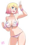  1girl :d bangs bare_shoulders bikini blonde_hair blue_eyes blush bowieknife breasts front-tie_top gradient_hair gwen_poole large_breasts looking_at_viewer marvel multicolored_hair open_mouth pink_hair short_hair simple_background smile solo swimsuit two-tone_hair v wristband 