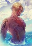  1boy abs bangs bara beowulf_(fate/grand_order) blonde_hair cloud cloudy_sky facial_hair fate/grand_order fate_(series) goatee male_focus muscle nipples red_eyes scar shirtless sky tattoo upper_body wet yamanome 