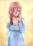  1girl ;o bare_shoulders blue_eyes breasts brown_hair cleavage collarbone dress facing_viewer go-toubun_no_hanayome gown hair_between_eyes hair_down highres konatsu_miki long_hair long_sleeves looking_at_viewer messy_hair nakano_miku necktie nightgown one_eye_closed open_mouth pajamas red_hair sleepy solo standing upper_body waking_up yawning 