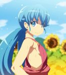  1girl bare_shoulders blue_eyes blue_hair blue_sky closed_mouth cure_princess day eyebrows_visible_through_hair flat_chest flower from_side happinesscharge_precure! looking_at_viewer looking_to_the_side low_twintails outdoors overalls precure shirayuki_hime sky smile solo sunflower sweat tasaka_shinnosuke thick_eyebrows twintails upper_body 