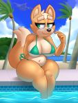  2020 5_fingers acstlu anthro big_breasts bikini black_nose breasts canid canine clothing cloud crossgender dipstick_tail female fingers fox fox_mccloud great_fox green_eyes half-closed_eyes hand_behind_back hi_res mammal mtf_crossgender multicolored_tail narrowed_eyes nintendo nipple_outline palm_tree partially_submerged sky smile solo star_fox swimwear thick_thighs tree video_games water 