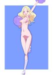  1girl :d arm_up armpits blonde_hair breasts cheerleader eyebrows_visible_through_hair fuurin_asumi healin&#039;_good_precure highres long_hair looking_at_viewer medium_breasts miyagoe_yoshitsuki navel nude open_mouth pom_poms precure purple_eyes purple_footwear pussy shoes smile socks solo standing standing_on_one_leg 