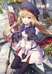  1girl artoria_pendragon_(all) artoria_pendragon_(caster) bangs belt between_legs black_bow black_headwear black_legwear blonde_hair blue_belt blush bow bowtie brown_gloves capelet commentary_request day double-breasted eyebrows_visible_through_hair falling_petals fate/grand_order fate_(series) flower gabiran gloves green_eyes hair_between_eyes hand_between_legs hat hat_bow jacket long_hair long_sleeves looking_at_viewer multicolored_capelet open_mouth outdoors pantyhose petals pink_ribbon plant potted_plant purple_bow purple_capelet purple_neckwear red_capelet red_flower red_headwear red_skirt ribbon sign signature sitting skirt smile solo staff striped_belt two-tone_skirt upper_teeth white_jacket white_skirt window 