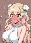  1girl @_@ alternate_costume blonde_hair blush breasts cleavage collarbone commentary_request fang highres hololive large_breasts long_hair mamerakkkkko momosuzu_nene open_mouth simple_background sleeveless solo sweat tears virtual_youtuber 