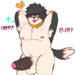  1:1 2020 anthro armpit_hair balls black_body black_fur blush body_hair brown_body brown_fur canid canine canis domestic_dog erection fur genitals hi_res male mammal overweight overweight_anthro overweight_male penis shyybuchi simple_background solo text tongue tongue_out white_background white_body white_fur 