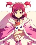  1girl black_choker cape character_request choker closed_mouth copyright_request creature crown earmuffs holding looking_at_viewer precure purple_ribbon red_eyes red_hair ribbon ribbon_choker simple_background smile solo standing tasaka_shinnosuke two_side_up white_background 