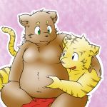  1:1 2013 anthro asian_clothing belly brown_body brown_fur clothing duo east_asian_clothing felid fundoshi fur green_eyes hug japanese_clothing levan_zan male mammal overweight overweight_male pantherine sitting tiger underwear ursid yellow_body yellow_fur young 