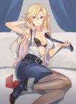  1girl belt belt_buckle black_belt black_legwear black_skirt blonde_hair blue_eyes breasts buckle closed_mouth collarbone collared_shirt eyebrows_visible_through_hair hornet_(kantai_collection) kantai_collection kasumi_(skchkko) large_breasts light_smile long_hair open_clothes open_shirt pantyhose pencil_skirt shirt skirt sleeveless sleeveless_shirt solo white_shirt 