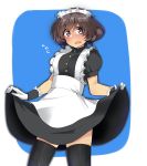  1girl absurdres akiyama_yukari alternate_costume antyobi0720 apron bangs black_dress black_legwear blue_background blush brown_eyes brown_hair commentary dress enmaided eyebrows_visible_through_hair flying_sweatdrops frown girls_und_panzer gloves highres looking_at_viewer maid maid_apron maid_headdress messy_hair open_mouth puffy_short_sleeves puffy_sleeves short_dress short_hair short_sleeves skirt_hold solo standing thighhighs white_apron white_gloves 