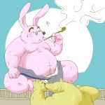  1:1 2005 anthro blush clothing digital_media_(artwork) duo eyes_closed eyewear fur glasses kemono lagomorph leporid low_res male mammal oekaki overweight overweight_male pink_body pink_fur rabbit sitting smoking underwear unknown_artist 