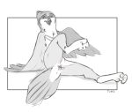  2020 ambiguous_gender animal_genitalia anthro avian beak bird blue_jay cloaca corvid genitals hi_res jay_(bird) looking_at_viewer lying monochrome new_world_jay on_back open_beak open_mouth oscine passerine presenting presenting_cloaca raised_leg sketch solo tuke 