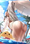  &gt;_&lt; 1girl absurdres arched_back ass azur_lane bare_shoulders beach_umbrella bent_over bikini bird blue_sky bow breasts chick cloud day detached_sleeves drake_(azur_lane) drake_(the_golden_hind&#039;s_respite)_(azur_lane) from_behind hair_bow halterneck highres large_breasts light_rays long_hair manjuu_(azur_lane) multi-strapped_bikini numaguro_(tomokun0808) outdoors palm_tree ponytail see-through silver_hair sky solo standing string_bikini sunbeam sunlight swimsuit thighs tree umbrella wading water wet white_bikini 