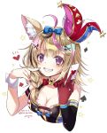  1girl ace_of_hearts animal_ear_fluff animal_ears armlet asymmetrical_clothes bangs bare_shoulders black_hair blonde_hair blue_bow blue_nails bow braid breasts card cleavage club_(shape) commentary_request dated diamond_(shape) elbow_gloves fox_ears fox_girl gloves hair_between_eyes hair_ornament hands_up hat heart heart-shaped_pupils highres hololive jester_cap kashiba_aira medium_breasts multicolored multicolored_hair multicolored_nails omaru_polka pink_hair playing_card playing_card_theme purple_eyes red_bow red_nails red_neckwear side_braid sidelocks single_elbow_glove single_wrist_cuff smile solo spade_(shape) star_(symbol) symbol-shaped_pupils teeth twitter_username upper_body virtual_youtuber 