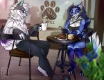  absurd_res anthro beverage big_tail black_clothing black_dress breasts cafe cake canid canine canis cappuccino_(coffee) chair chocolate_cake claws cleavage clothed clothing coffee coffee_shop couple_(romantic) date dress duo eating fangs female food fox fruit fur furniture hi_res looking_at_another looking_at_partner male male/female mammal megnog neck_tuft open_shirt outside paws pinstripe_pants plant shirt sitting steam strawberry table topwear tuft white_body white_fur wolf 