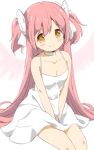  1girl alternate_costume bare_arms bare_legs bare_shoulders blush breasts choker cleavage closed_mouth collarbone dot_nose dress eyebrows_visible_through_hair from_above hair_between_eyes hair_ribbon happy head_tilt kaname_madoka legs_together long_hair looking_at_viewer looking_up mahou_shoujo_madoka_magica pink_hair ribbon shiny shiny_hair short_dress sidelocks simple_background sitting sleeveless sleeveless_dress small_breasts smile solo spaghetti_strap tsubaki_(tatajd) two_side_up ultimate_madoka upper_body v_arms very_long_hair white_background white_choker white_dress white_neckwear white_ribbon wings yellow_eyes 