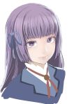 1girl blue_ribbon closed_mouth copyright_request hair_ribbon long_hair looking_at_viewer portrait purple_eyes purple_hair ribbon simple_background smile solo tasaka_shinnosuke white_background 