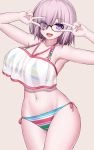 1girl :d absurdres armpits asamura_hiori bangs bare_shoulders bikini bikini_under_clothes black-framed_eyewear blush breasts camisole cleavage collarbone commentary_request cowboy_shot double_v eyebrows_visible_through_hair eyes_visible_through_hair fate/grand_order fate_(series) glasses groin hair_between_eyes hair_over_one_eye highres large_breasts looking_at_viewer mash_kyrielight midriff multicolored multicolored_bikini multicolored_clothes navel open_mouth purple_eyes purple_hair see-through sheer_clothes short_hair side-tie_bikini sidelocks simple_background skindentation smile solo standing striped striped_bikini swimsuit v v_over_eye 