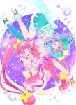  2girls ahoge asymmetrical_legwear bangs blue_hair blue_legwear choker collarbone cure_milky cure_star earrings eyebrows_visible_through_hair floating_hair full_body highres jewelry juugoya_neko long_hair multiple_girls open_mouth pink_eyes pink_hair pink_legwear precure red_choker shiny shiny_hair single_leg_pantyhose star_twinkle_precure thighhighs white_background wrist_cuffs 