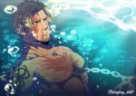  1boy abs bangs bara beowulf_(fate/grand_order) blonde_hair bubble chain chest facial_hair fate/grand_order fate_(series) goatee in_water male_focus muscle nipples pectorals red_eyes scar shirtless tattoo upper_body wet yamanome 