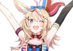  1girl ;d animal_ear_fluff animal_ears arm_strap armpits arms_up bangs bare_shoulders black_hair blonde_hair blue_bow blush bow braid breasts elbow_gloves eyebrows_visible_through_hair fox_ears fox_girl gloves hair_between_eyes hair_bow hair_ornament hat heart hololive jester_cap long_hair medium_breasts multicolored_hair omaru_polka one_eye_closed open_mouth pink_hair purple_eyes red_neckwear side_braid sidelocks single_elbow_glove smile solo spade_(shape) star_(symbol) star_in_eye streaked_hair symbol_in_eye tomari_(veryberry00) virtual_youtuber 