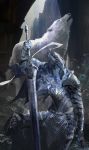  1boy animal arm_at_side arm_up armor armored_dress artorias_the_abysswalker breastplate dark_souls faceless faulds feet_out_of_frame gauntlets great_grey_wolf_sif greatsword greaves hand_on_hilt helmet holding holding_sword holding_weapon hood howling knight light_particles limiicirculate looking_away one_knee pauldrons planted_sword planted_weapon plume shoulder_armor souls_(from_software) sword weapon 