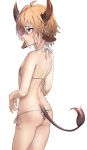  1boy animal_ears animal_print arknights ass bikini bison_(arknights) blush brown_hair commentary_request cow_ears cow_horns cow_print cow_tail crossdressing from_side horns looking_to_the_side male_focus otoko_no_ko short_hair simple_background solo standing string_bikini swimsuit tail white_background yoruhachi 