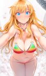  1girl bangs bare_arms bikini blonde_hair blue_eyes blush breasts bubble cleavage eyebrows_visible_through_hair front-tie_top halterneck heri idolmaster idolmaster_cinderella_girls indoors jewelry large_breasts layered_bikini long_hair looking_at_viewer multicolored multicolored_bikini multicolored_clothes navel necklace o-ring o-ring_bikini ootsuki_yui outstretched_arms shower_(place) shower_head showering side-tie_bikini smile solo steam striped striped_bikini swimsuit wet 