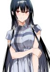  1girl bare_arms black_hair breasts collared_shirt facing_viewer hair_between_eyes haitekudasai_takamine-san hand_on_own_arm highres hiiragi_yuuichi large_breasts long_hair looking_at_viewer open_mouth red_eyes shirt short_sleeves sidelocks simple_background smile solo standing takamine_takane upper_body very_long_hair white_background 