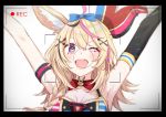  1girl ;d animal_ear_fluff animal_ears arm_strap armpits arms_up bangs bare_shoulders black_hair blonde_hair blue_bow blush bow braid breasts elbow_gloves eyebrows_visible_through_hair fox_ears fox_girl gloves hair_between_eyes hair_bow hair_ornament hat heart hololive jester_cap long_hair medium_breasts multicolored_hair omaru_polka one_eye_closed open_mouth pink_hair purple_eyes recording red_neckwear side_braid sidelocks single_elbow_glove smile solo spade_(shape) star_(symbol) star_in_eye streaked_hair symbol_in_eye tomari_(veryberry00) viewfinder virtual_youtuber 