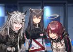  3girls ^_^ animal_ear_fluff animal_ears arknights bangs black_hair black_jacket breasts brown_eyes closed_eyes exusiai_(arknights) eyebrows_visible_through_hair fingerless_gloves gloves grey_eyes hair_between_eyes hair_ornament hair_over_one_eye hairclip halo highres jacket lappland_(arknights) laughing laughing_wolves long_hair long_sleeves looking_at_viewer meme multiple_girls open_mouth red_eyes red_hair scar scar_across_eye shirt short_hair sidelocks silver_hair smile standing sukemyon texas_(arknights) unamused white_jacket wolf_ears 