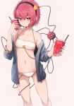  1girl absurdres bandeau bangs bare_shoulders bikini blue_jacket blush breasts cameltoe closed_mouth collarbone cowboy_shot cup disposable_cup drinking_straw eyeball hairband heart highres holding holding_cup jacket komeiji_satori looking_at_viewer navel open_clothes open_jacket pink_background pink_hair red_eyes ribs senzaicha_kasukadoki short_hair small_breasts smile solo swimsuit third_eye touhou white_bikini 